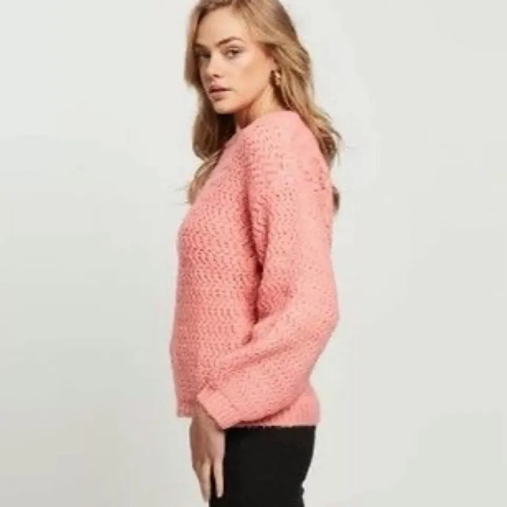 Vero Moda Size S Freja Balloon Sleeve Crewneck Chunky Knit Sweater Geranium Pink - Picture 5 of 10